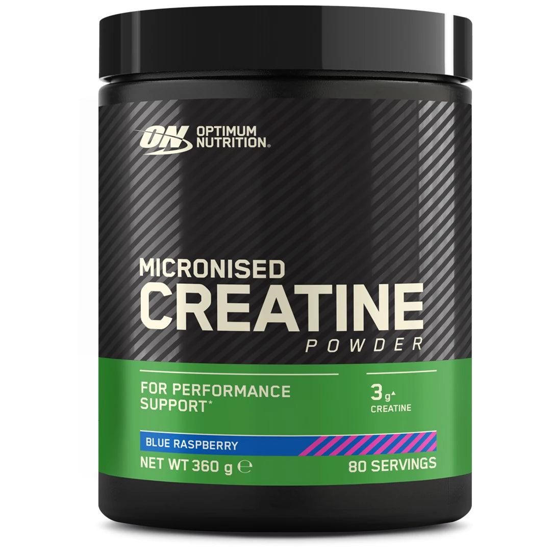 Optimum Nutrition Creatine Powder 360 g mustassa purkissa vihreillä yksityiskohdilla, makuna Blue Raspberry.