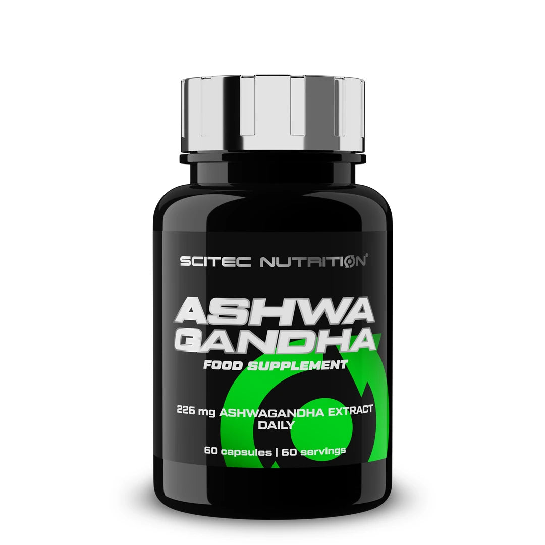 Scitec Nutrition Ashwagandha 60 caps mustassa purkissa, jossa on vihreitä yksityiskohtia ja hopeanvärinen kansi.