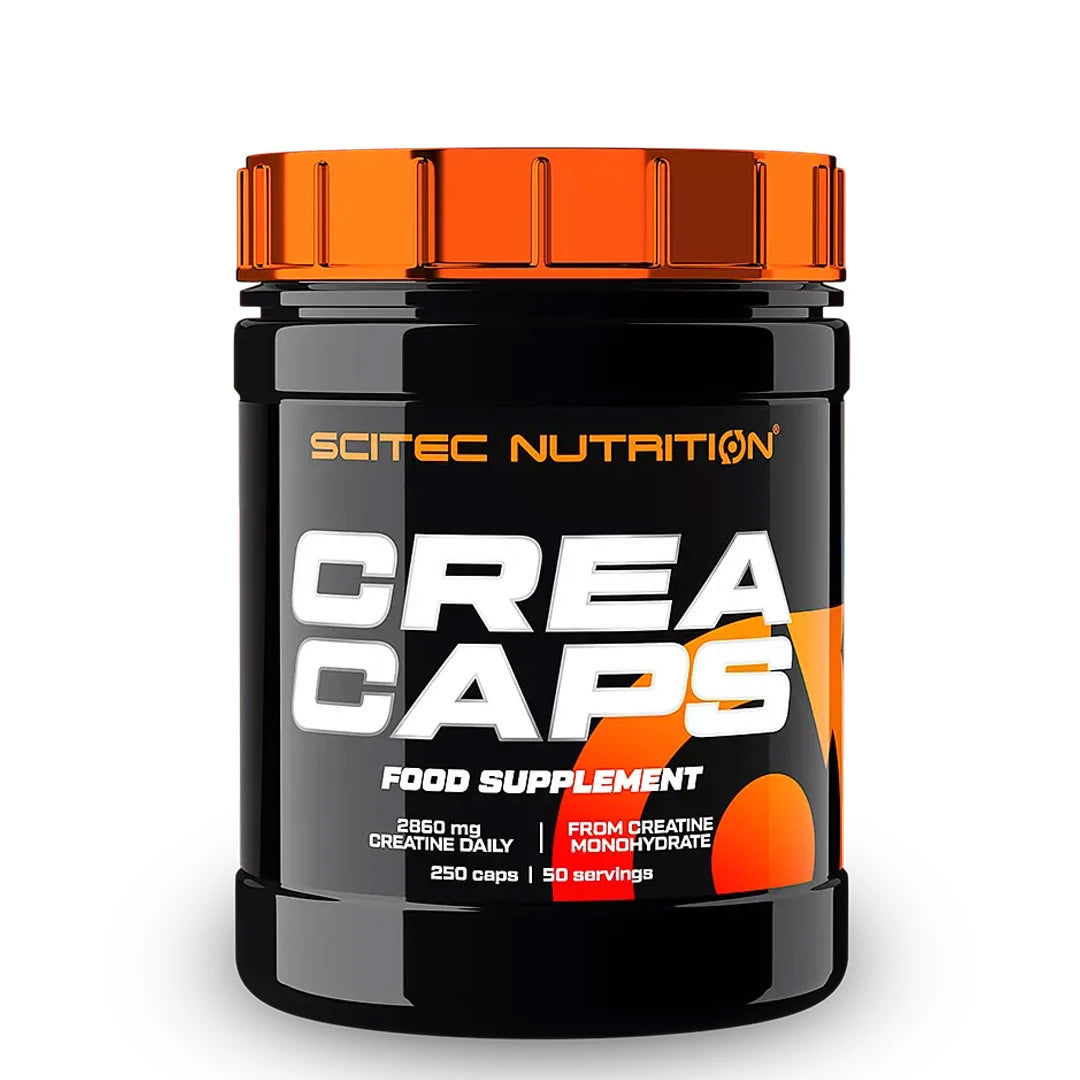 Scitec Nutrition Crea Caps Kreatin 250 caps pakattuna mustaan muovipurkkiin, jossa on metallinen oranssi kansi.