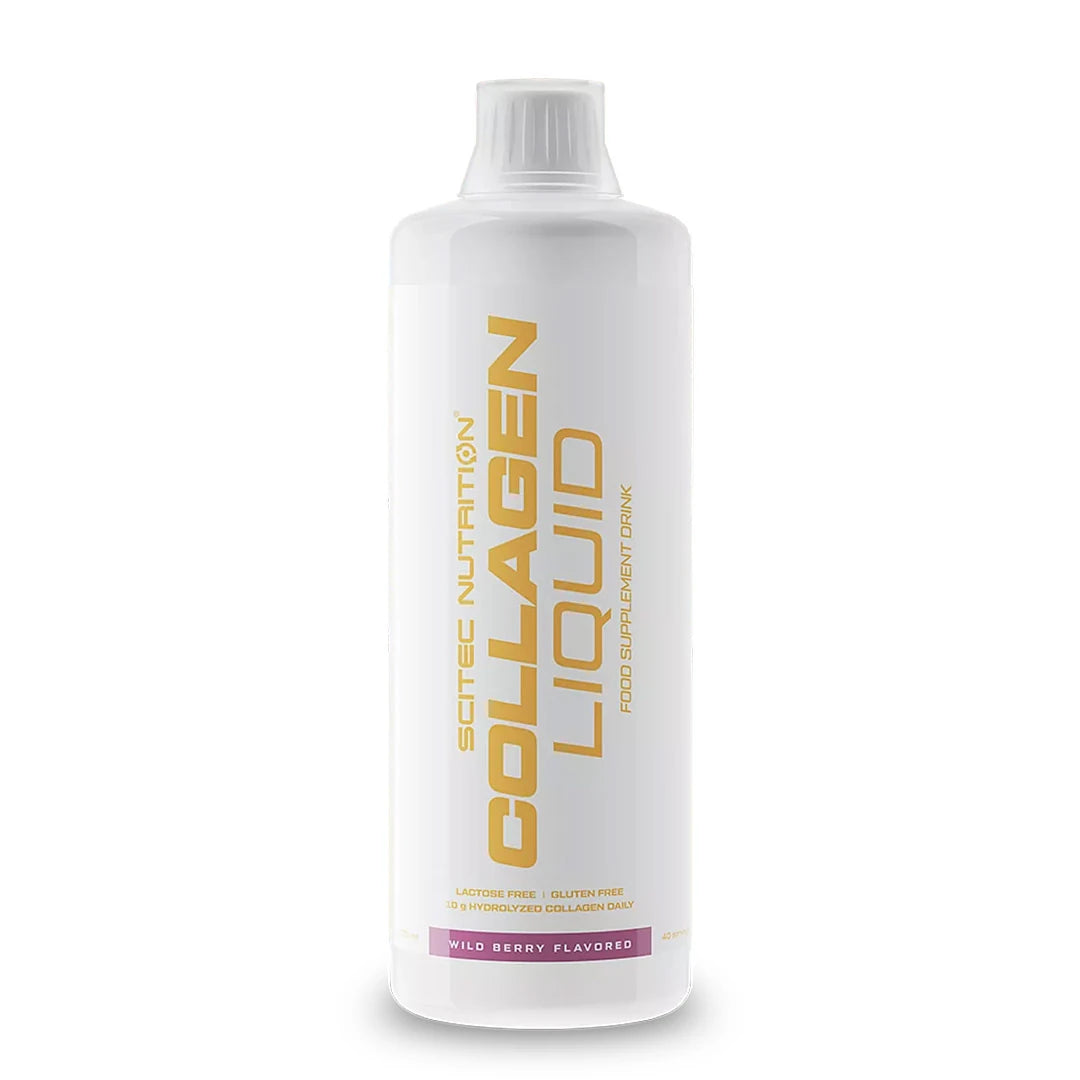 Scitec Nutrition Collagen Liquid 1000 ml, nestemäinen kollageeni valkoisessa muovipullossa, jossa on kultainen teksti ja maku Wild Berry.