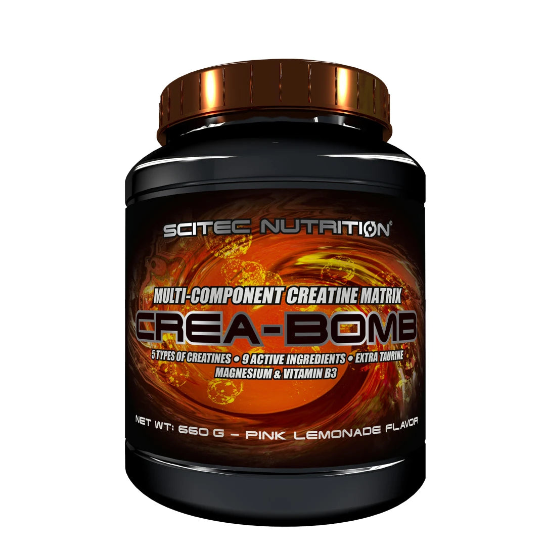 Scitec Nutrition Crea-Bomb 660 g -kreatiinisekoitus mustassa, pronssikantisessa purkissa, makuna Pink Lemonade.