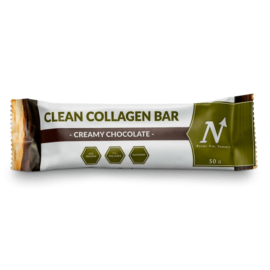 Nyttoteket Clean Collagen Bar 50 g valkoisessa pakkauksessa oliivinvihreillä yksityiskohdilla, makuna Creamy Chocolate.