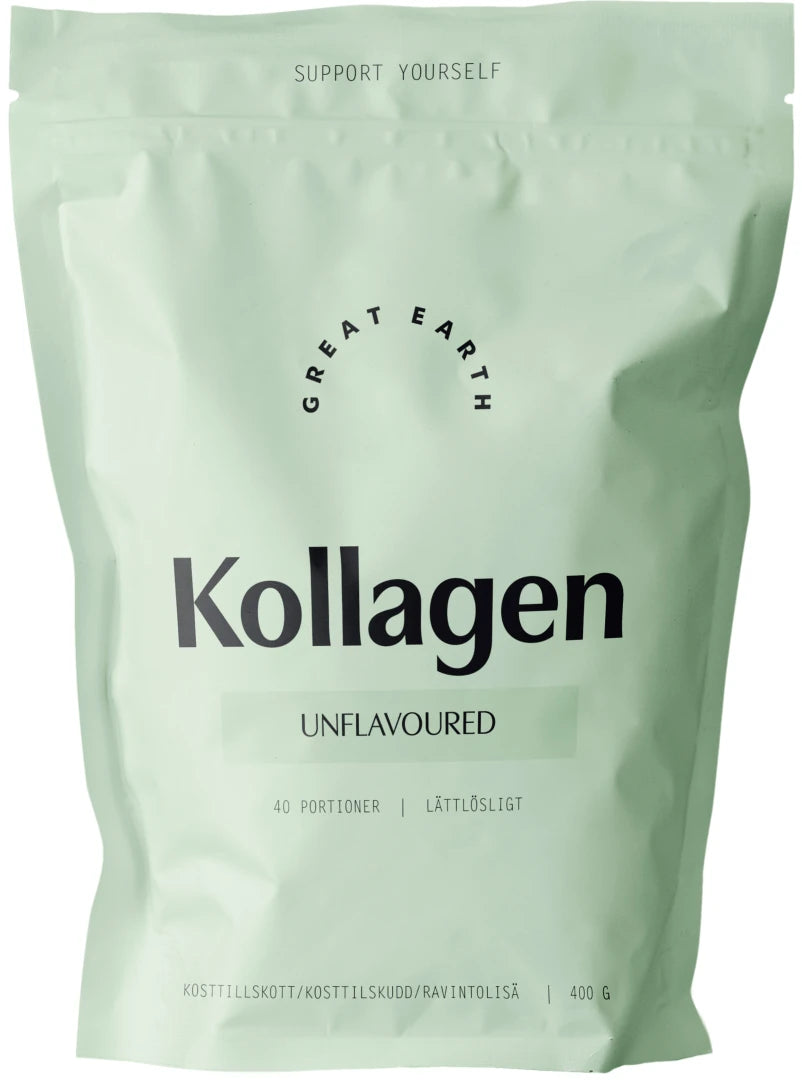 Great Earth Kollagen 400 g -kollageenijauhe neutraalilla maulla vaaleanvihreässä pussissa.
