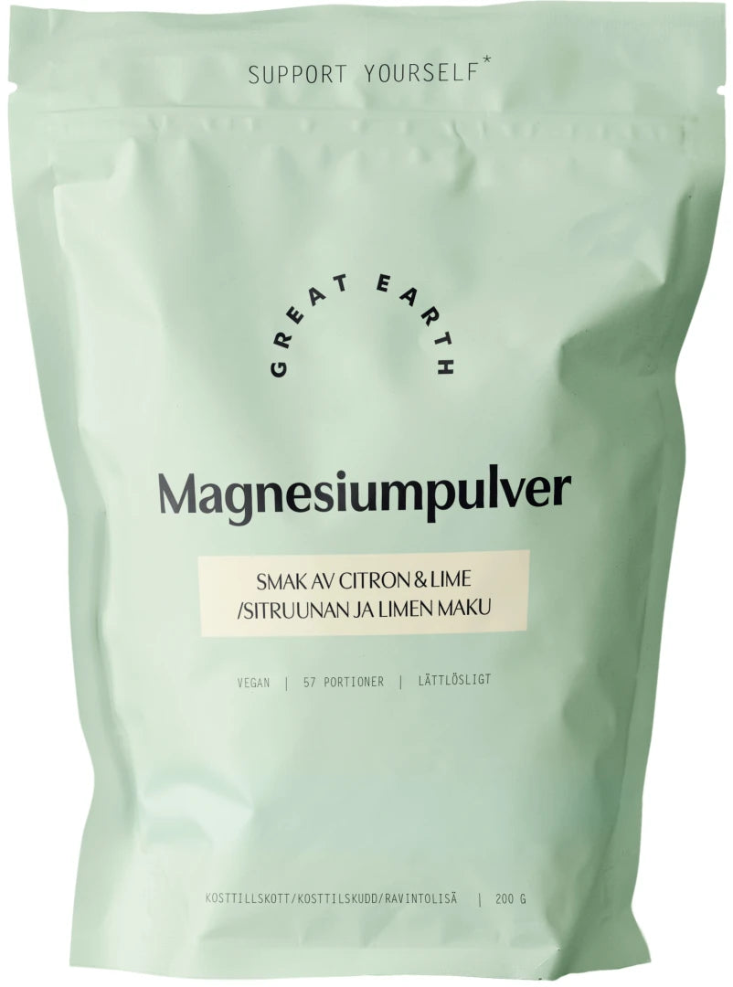 Great Earth Magnesiumpulver 200 g vaaleanvihreässä pussissa, makuna sitruuna ja lime.