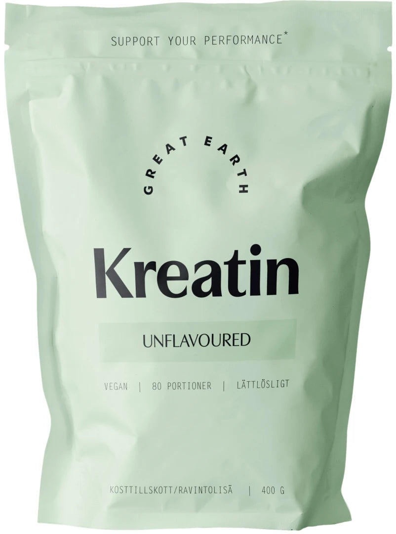 Great Earth Kreatin 400 g -jauhe vaaleanvihreässä pussissa, makuna maustamaton.