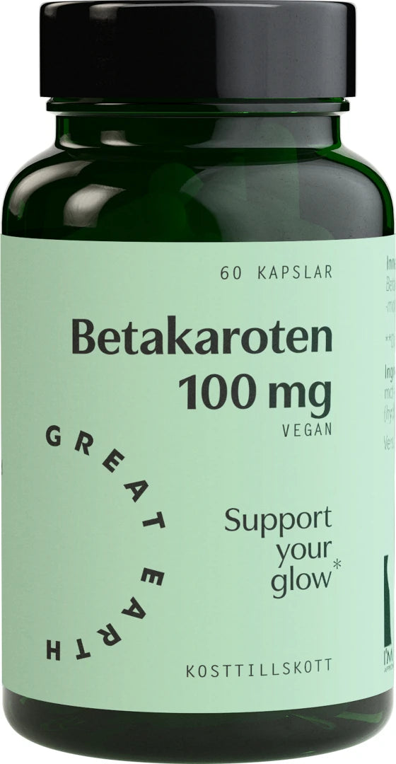 Vegaaninen Great Earth Betakaroten 60 caps -ravintolisä tummanvihreässä purkissa, jossa on vaaleanvihreä etiketti.