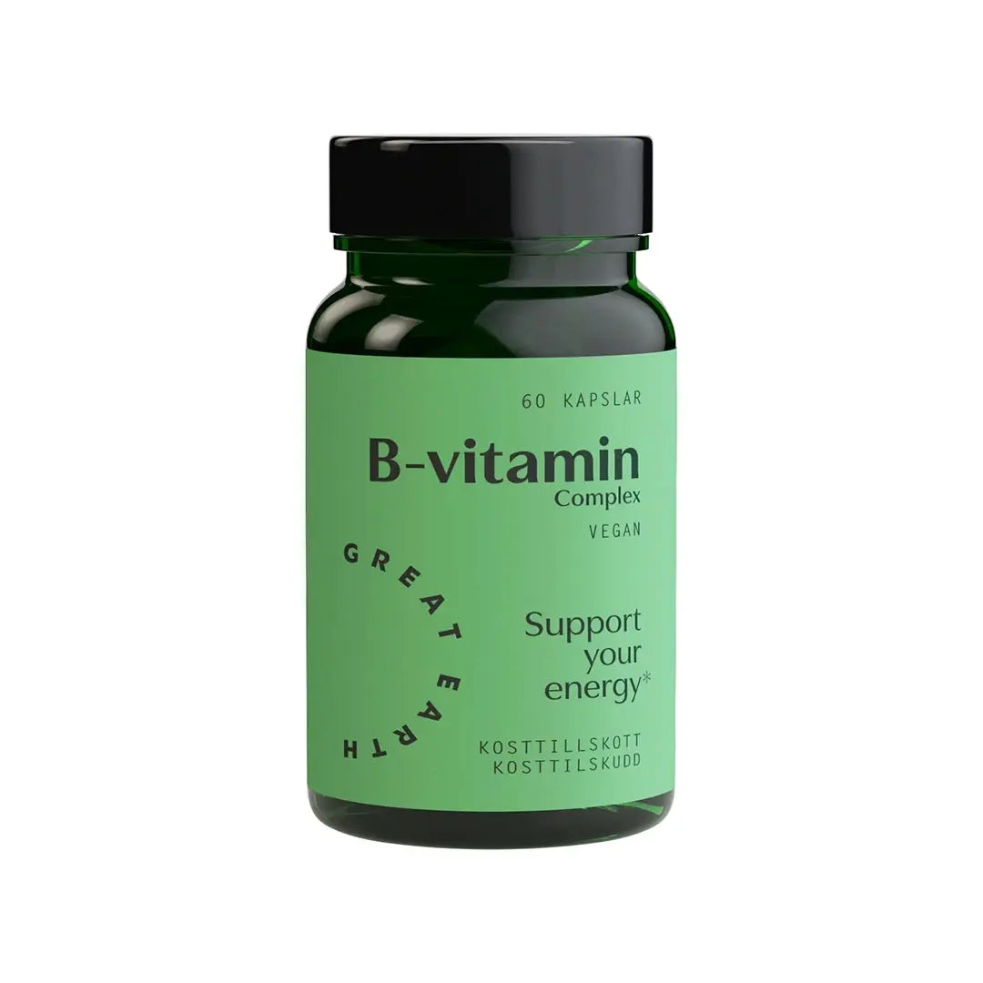 Great Earth B-vitamin Complex 60 caps, vegaaniset vitamiinit tummanvihreässä purkissa vaaleanvihreällä etiketillä.