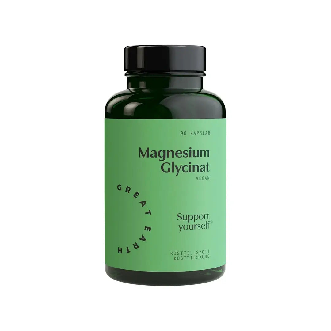Great Earth Magnesiumglycinat 90 caps tummanvihreässä purkissa, jossa on vaaleanvihreä etiketti ja musta teksti.