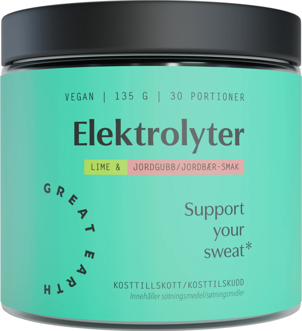 Great Earth Elektrolyter 135 g -elektrolyyttijauhe turkoosissa purkissa mustalla kannella, makuna mansikka-lime.