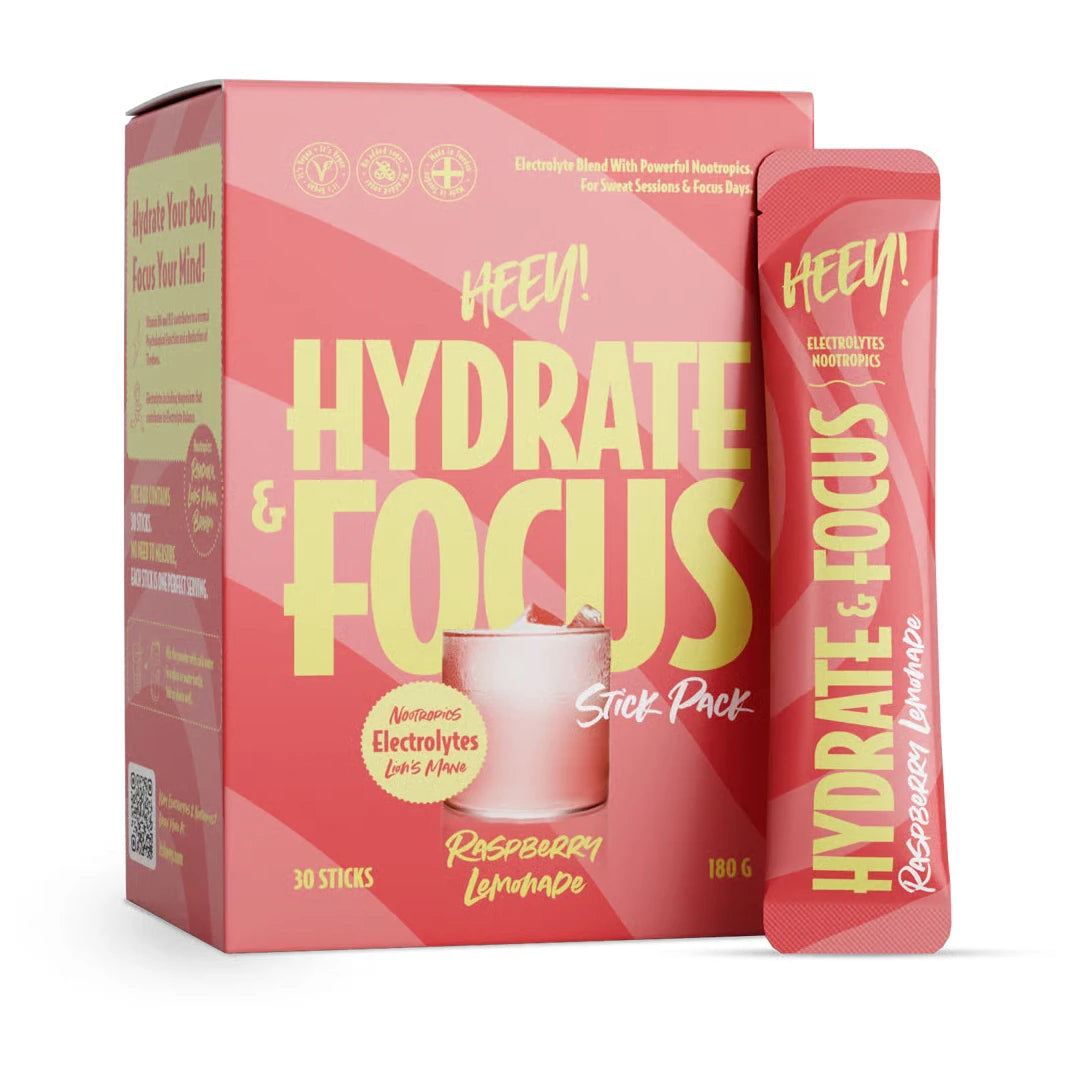 Heey! Hydrate & Focus Electrolytes + Lions Mane 30 x Stick Pack Raspberry Lemonade vaaleanpunaisessa pahvipakkauksessa.
