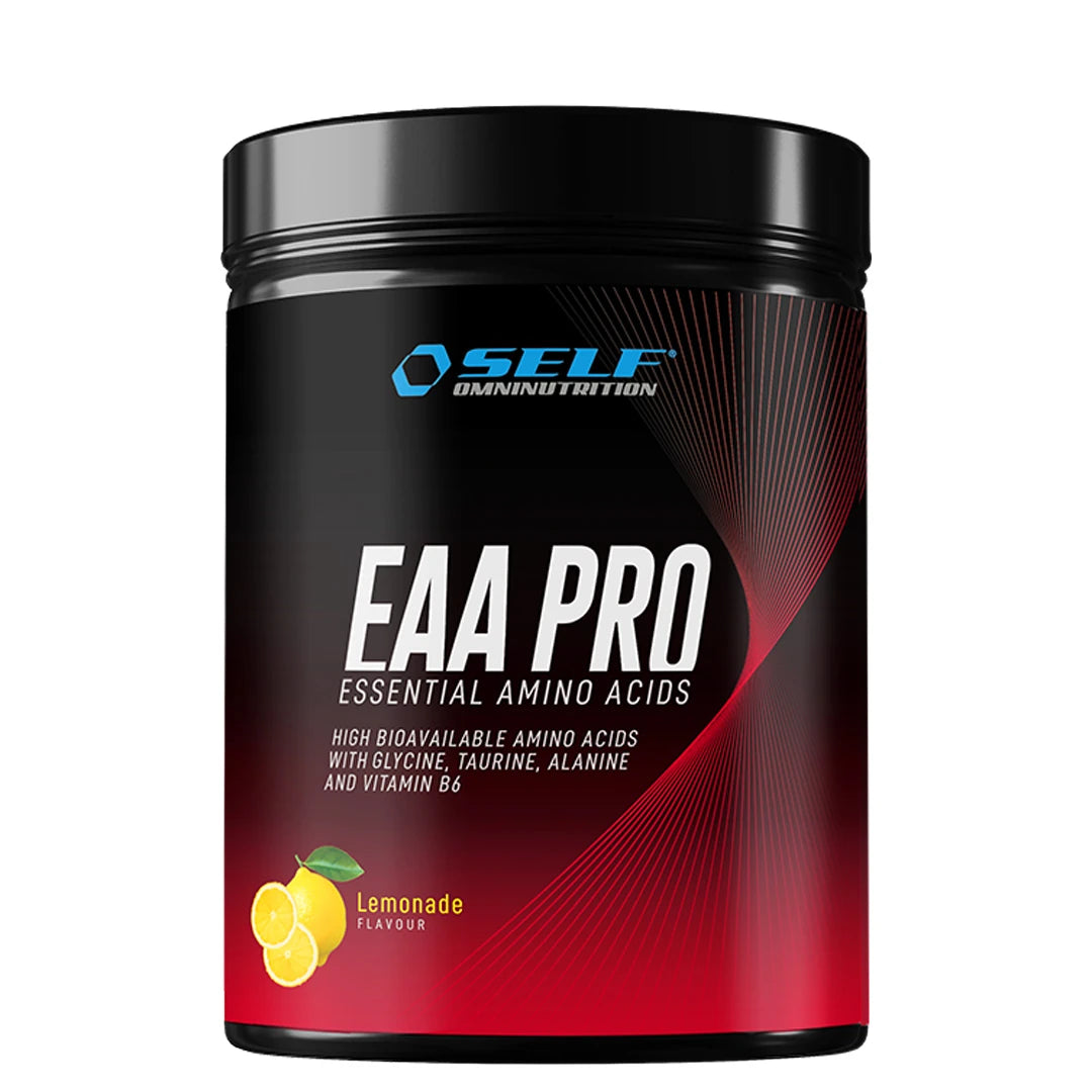 Self Omninutrition EAA PRO 400 g -aminohappojauhe mustassa purkissa punaisilla yksityiskohdilla, makuna Lemonade.
