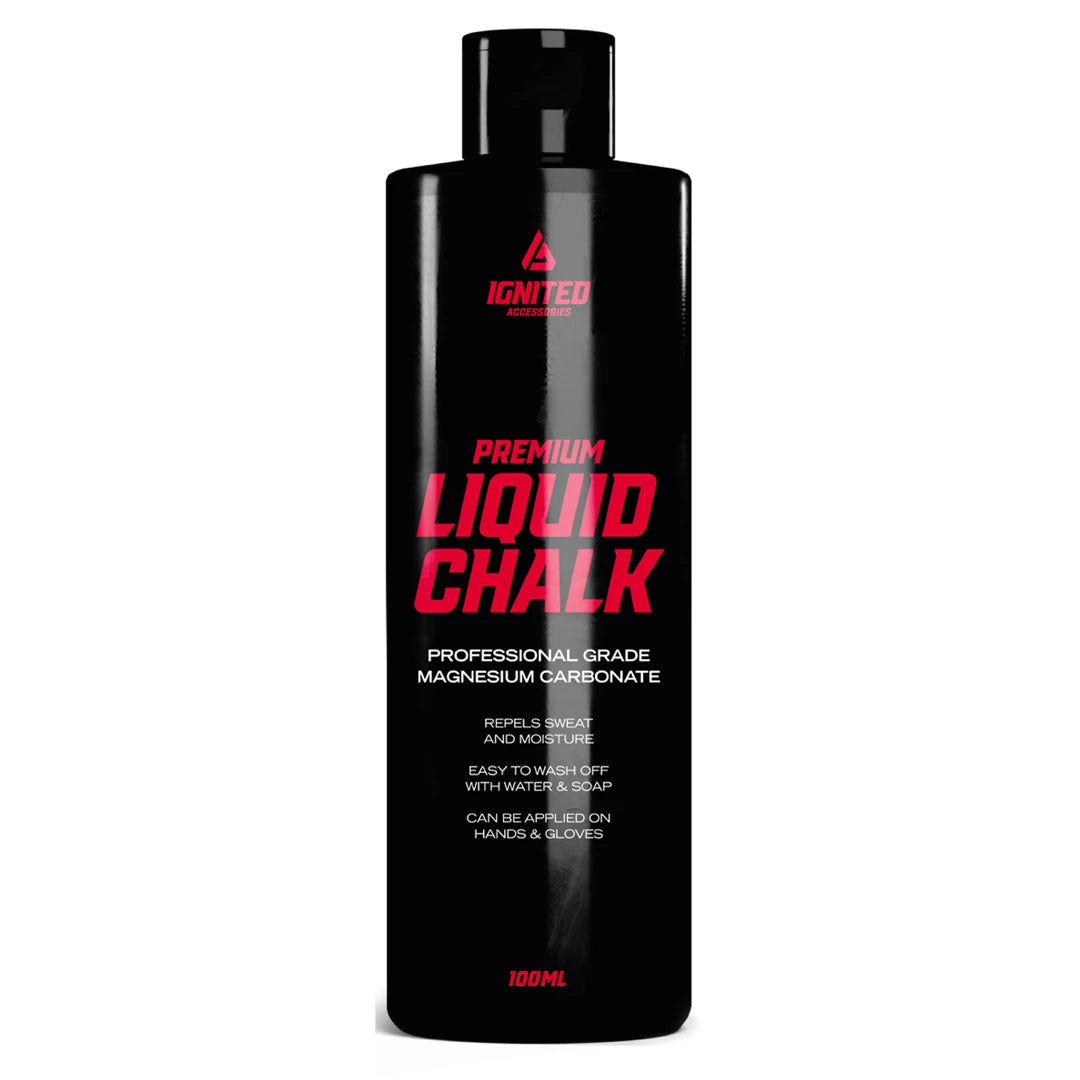 Ignited Liquid Chalk 100 ml -nestemäinen liitu mustassa pullossa punaisilla ja valkoisilla yksityiskohdilla., kuva 1/1