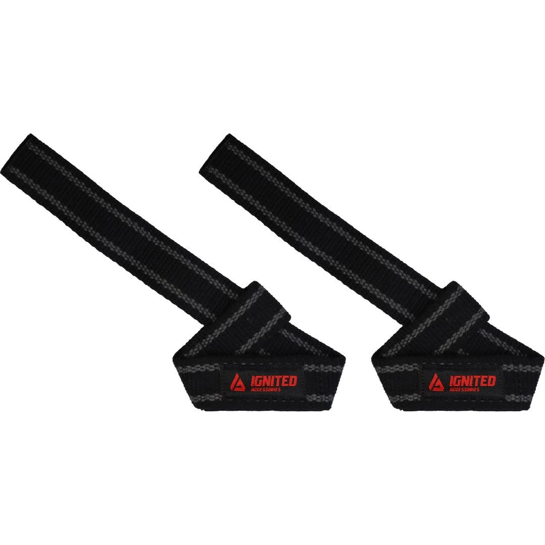 Mustat Ignited Premium Padded Lifting Straps Black/Grey -vetoremmit harmailla yksityiskohdilla ja punaisella logolla.