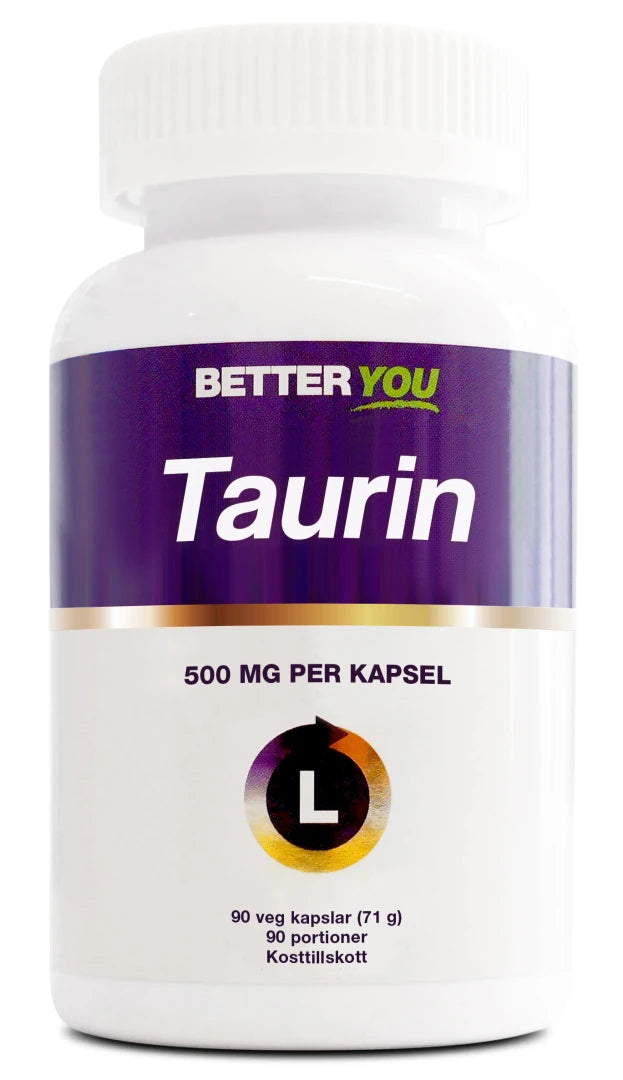 Better You Taurin 90 caps -vegaaniravintolisä valkoisessa purkissa, jossa on violetti etiketti.
