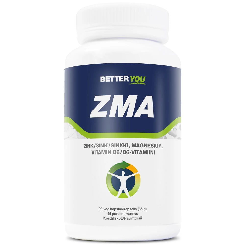 Better You ZMA 90 caps -ravintolisä valkoisessa purkissa, jossa on tummansinisiä ja vihreitä yksityiskohtia.