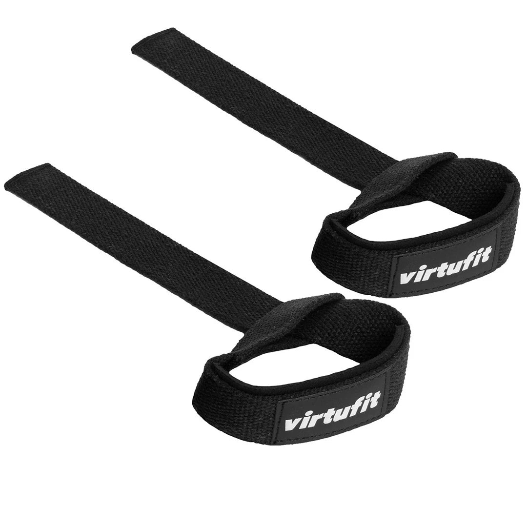 Mustat, pehmustetut VirtuFit Padded Lifting Straps Black -vetoremmit valkoisella logolla.