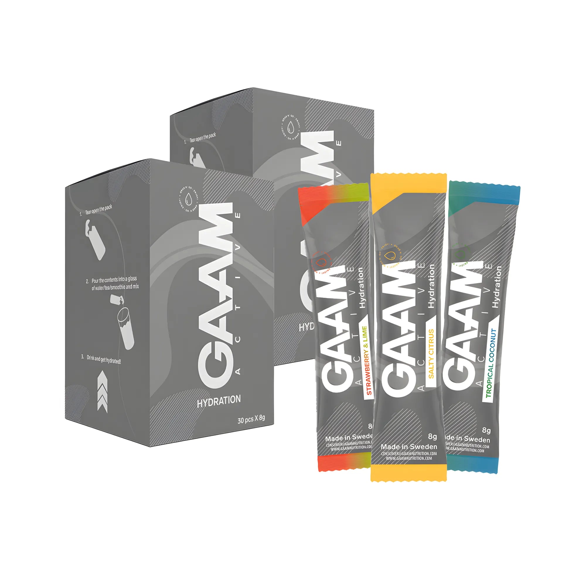 60 x GAAM Active Hydration 8 g -elektrolyytit kahdessa harmaassa laatikossa, edessä kolme erimakuista annospussia., kuva 1/1