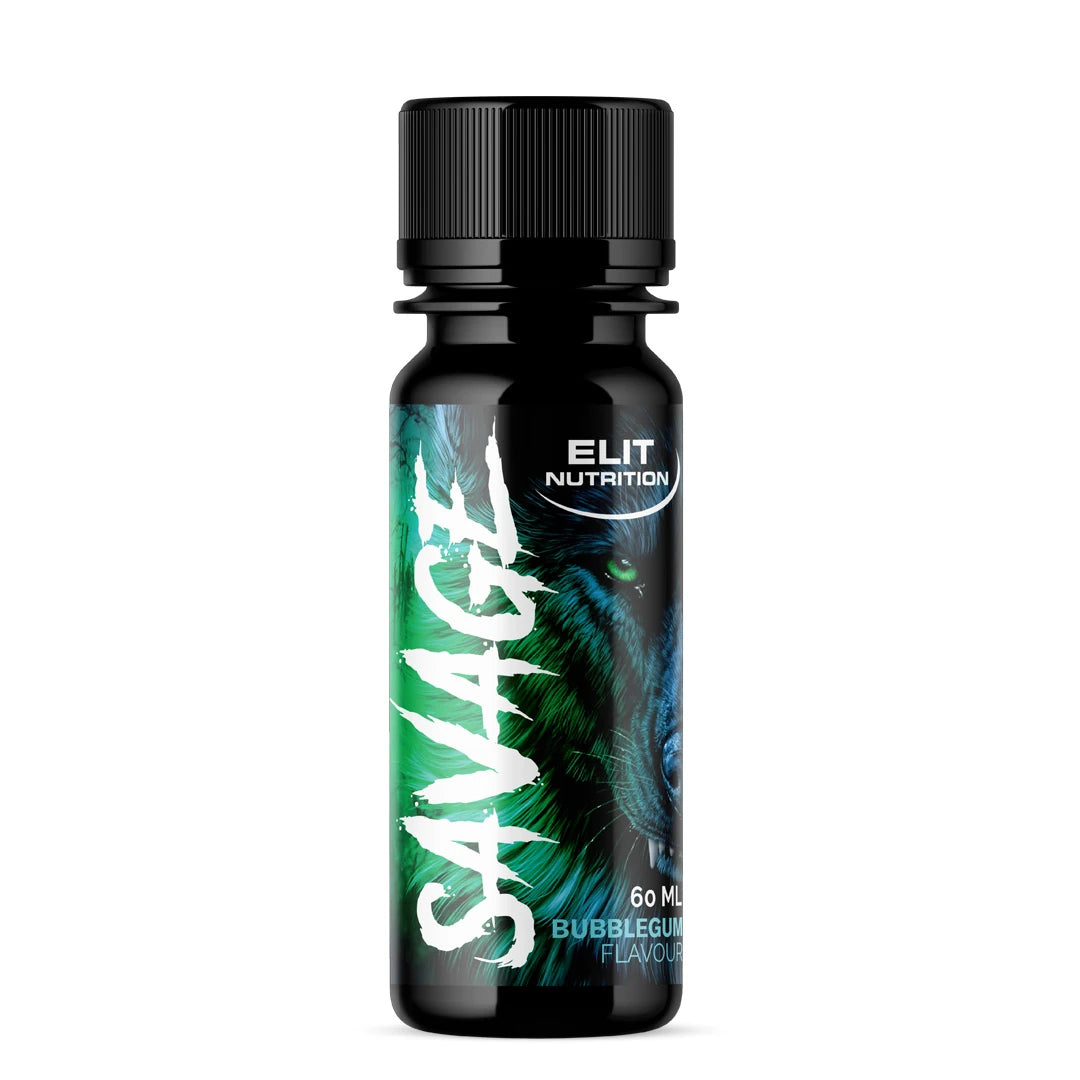 Elit Nutrition Savage PWO Shot 60 ml mustassa pullossa, jossa on vihreä susigrafiikka ja teksti Bubblegum-maulle.