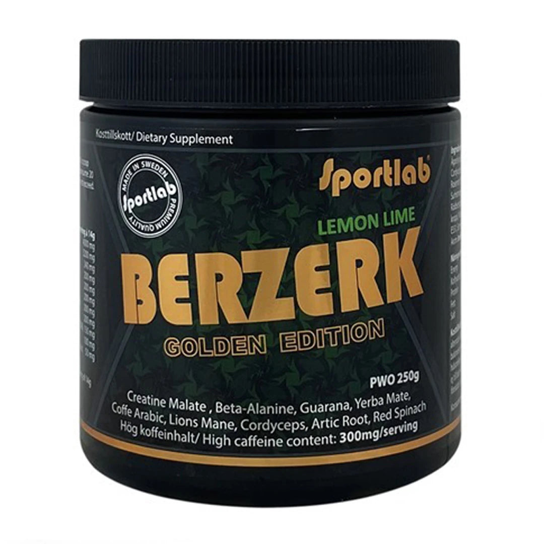 Sportlab BERZERK Golden Edition PWO 250 g mustassa purkissa kultaisilla yksityiskohdilla, makuna Lemon Lime.