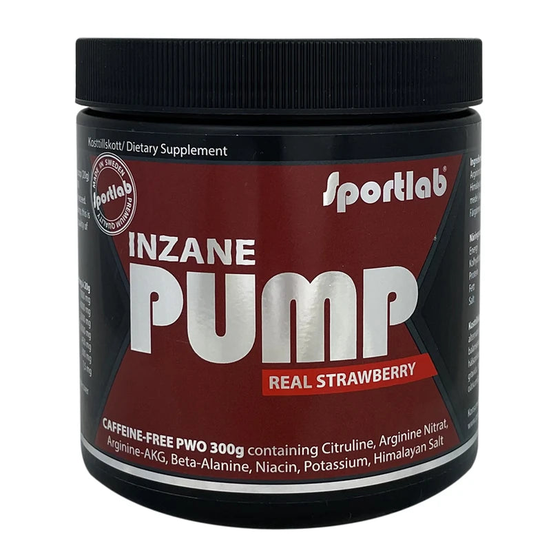 Sportlab Inzane PUMP 300 g kofeiiniton PWO mustassa purkissa tummanpunaisella etiketillä, makuna Real Strawberry.