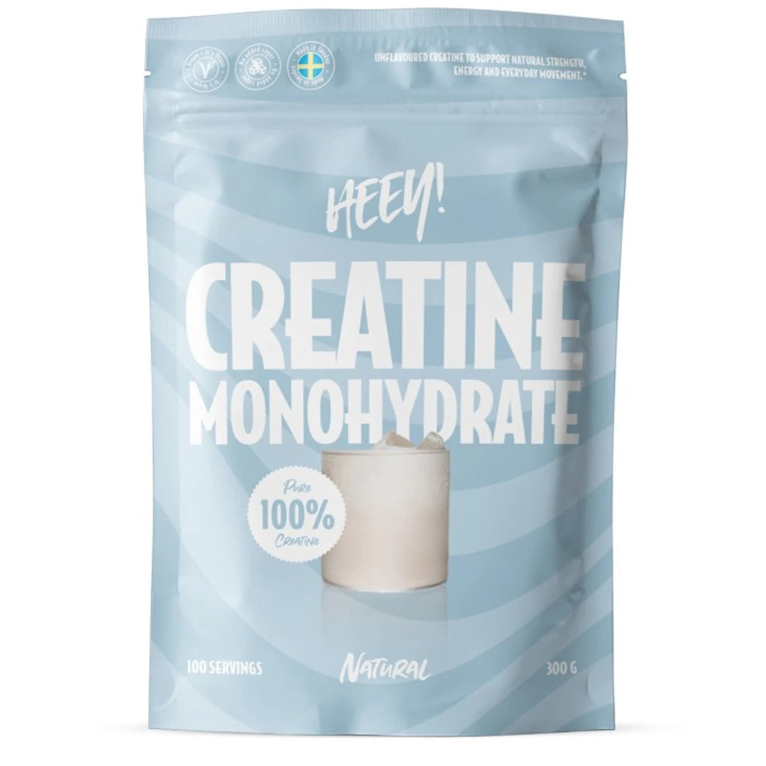 Heey! 100% Creatine Monohydrate 300 g vaaleansinisessä raidallisessa pussissa, makuna Natural.
