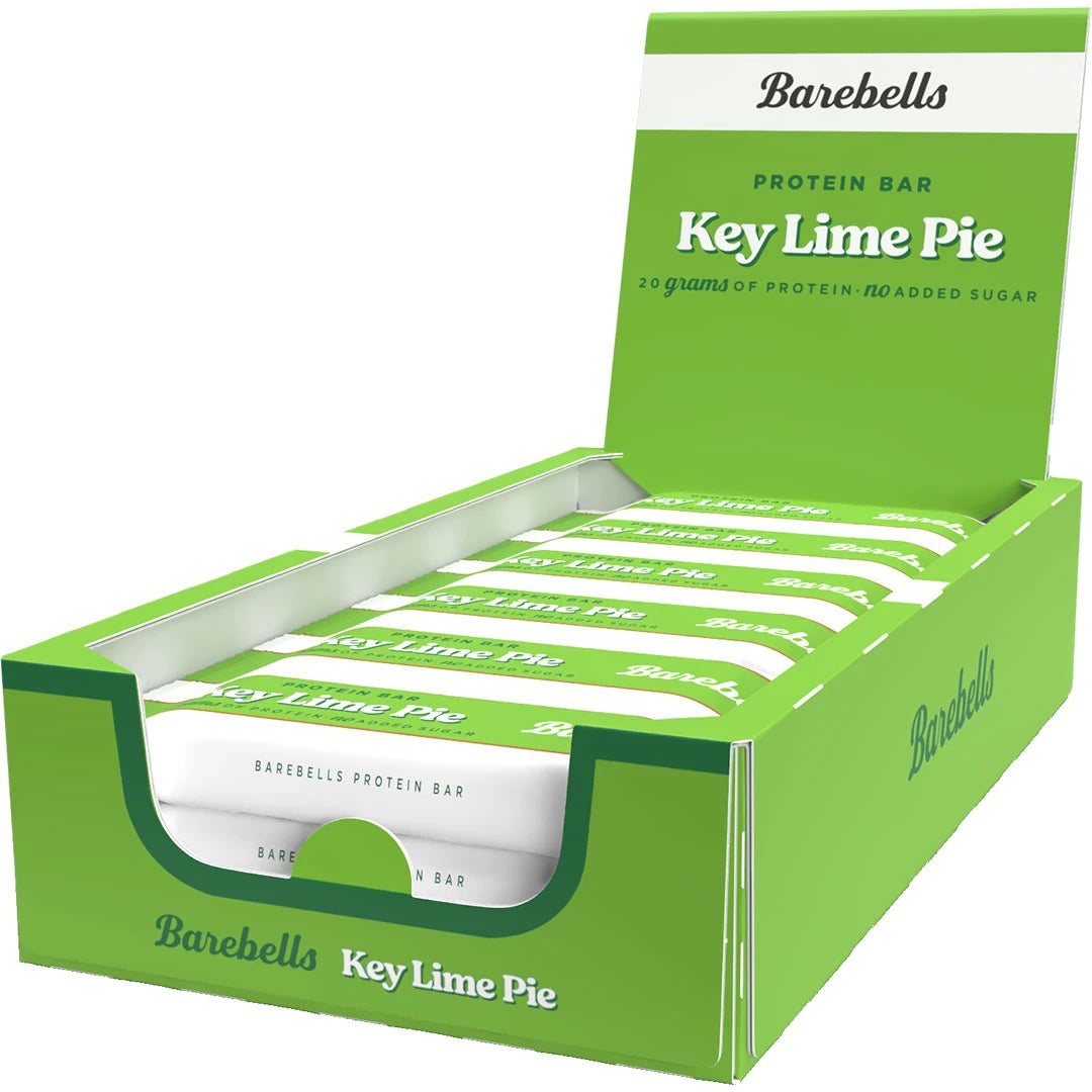 12 x Barebells Protein Bar 55 g Key Lime Pie vihreässä laatikossa valkoisilla yksityiskohdilla.