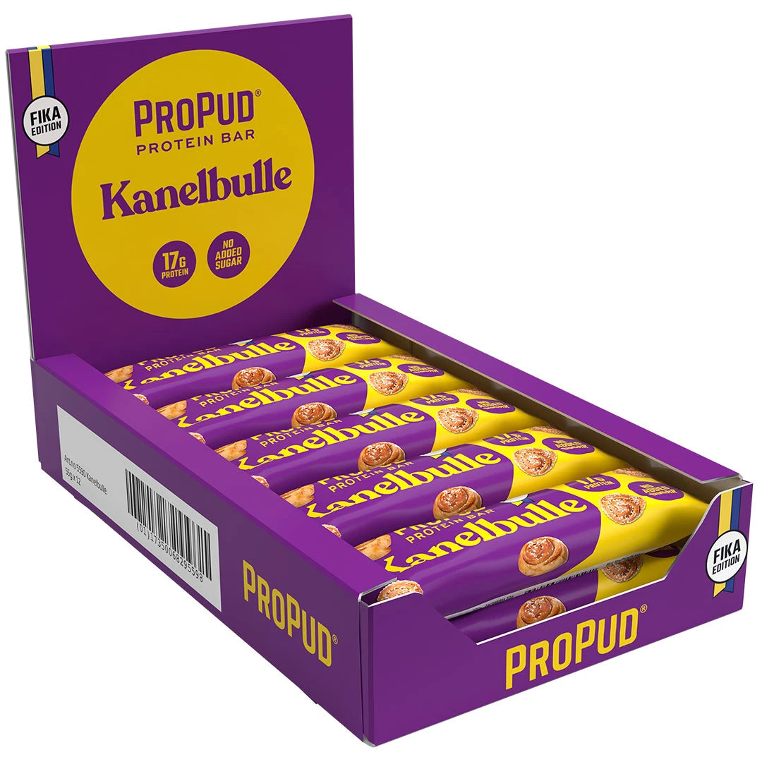 12 x NJIE Propud Proteinbar 55 g Kanelbulle lilassa esittelylaatikossa kelta-liloissa pakkauksissa.