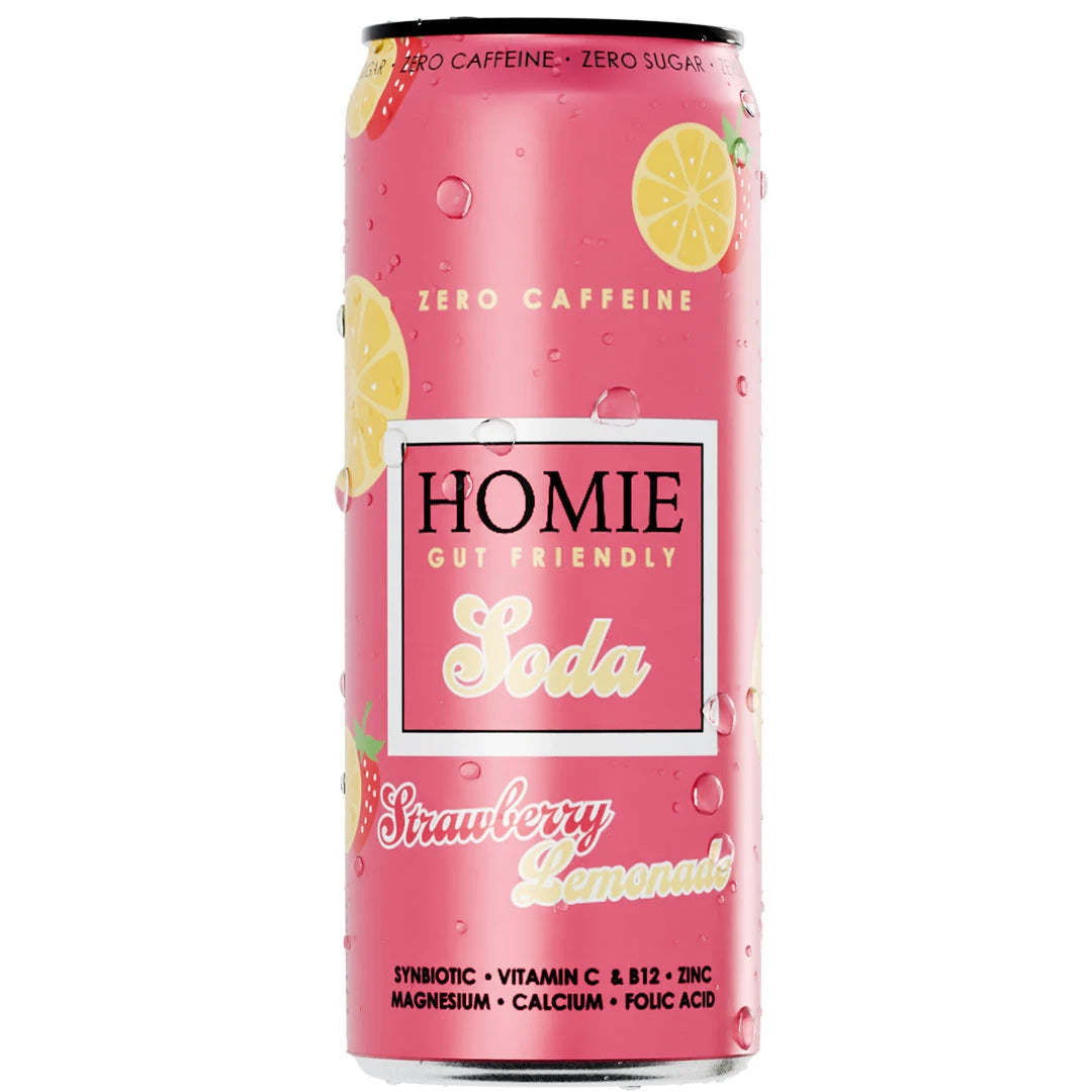 Homie Soda Synbiotic 330 ml -vitamiinijuoma vaaleanpunaisessa tölkissä vesipisaroilla, makuna Strawberry Lemonade., kuva 1/3