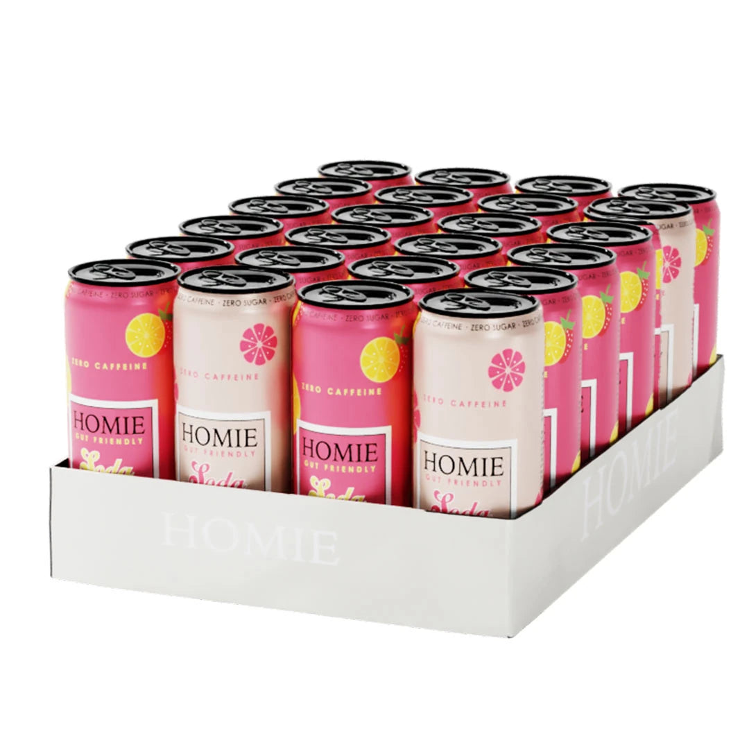 24 x Homie Soda Synbiotic 330 ml Mixflak valkoisessa laatikossa, jossa on vaaleanpunaisia ja vaaleanbeigejä tölkkejä.
