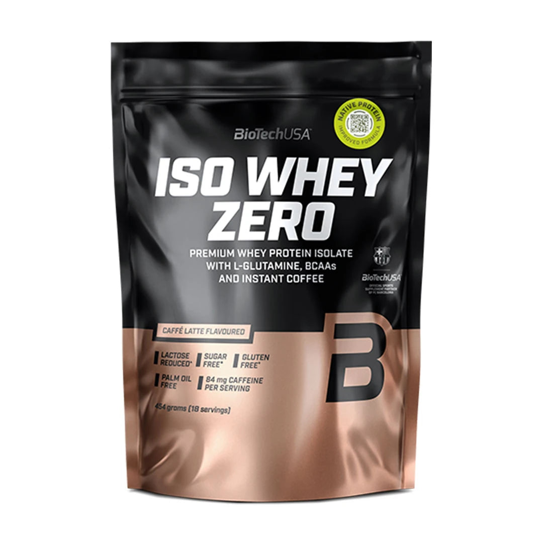BioTechUSA Iso Whey Zero 454 g -proteiinijauhe Caffé Latte -maussa tyylikkäässä musta-pronssisessa pussissa.