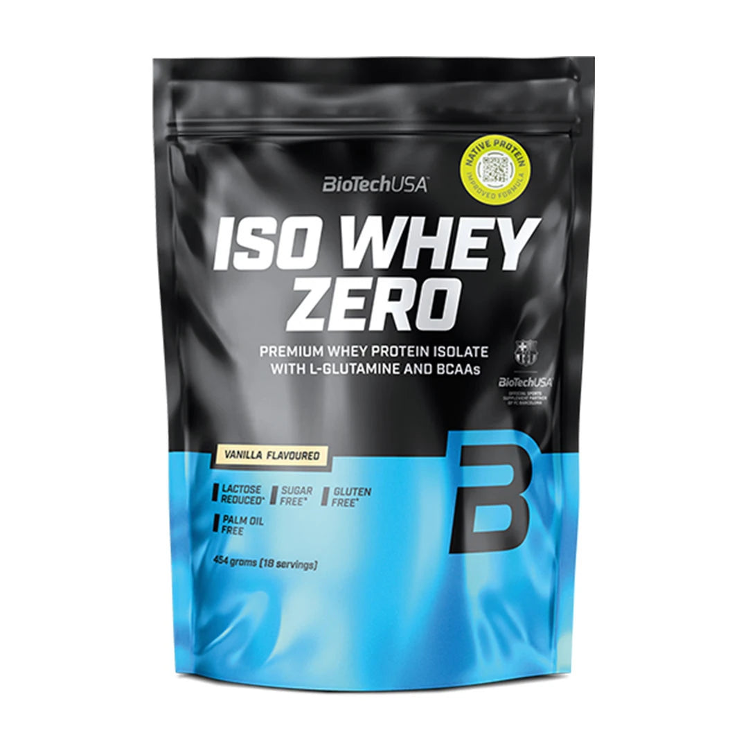 BioTechUSA Iso Whey Zero 454 g -proteiinijauhe musta-sinisessä pussissa, makuna vanilja.