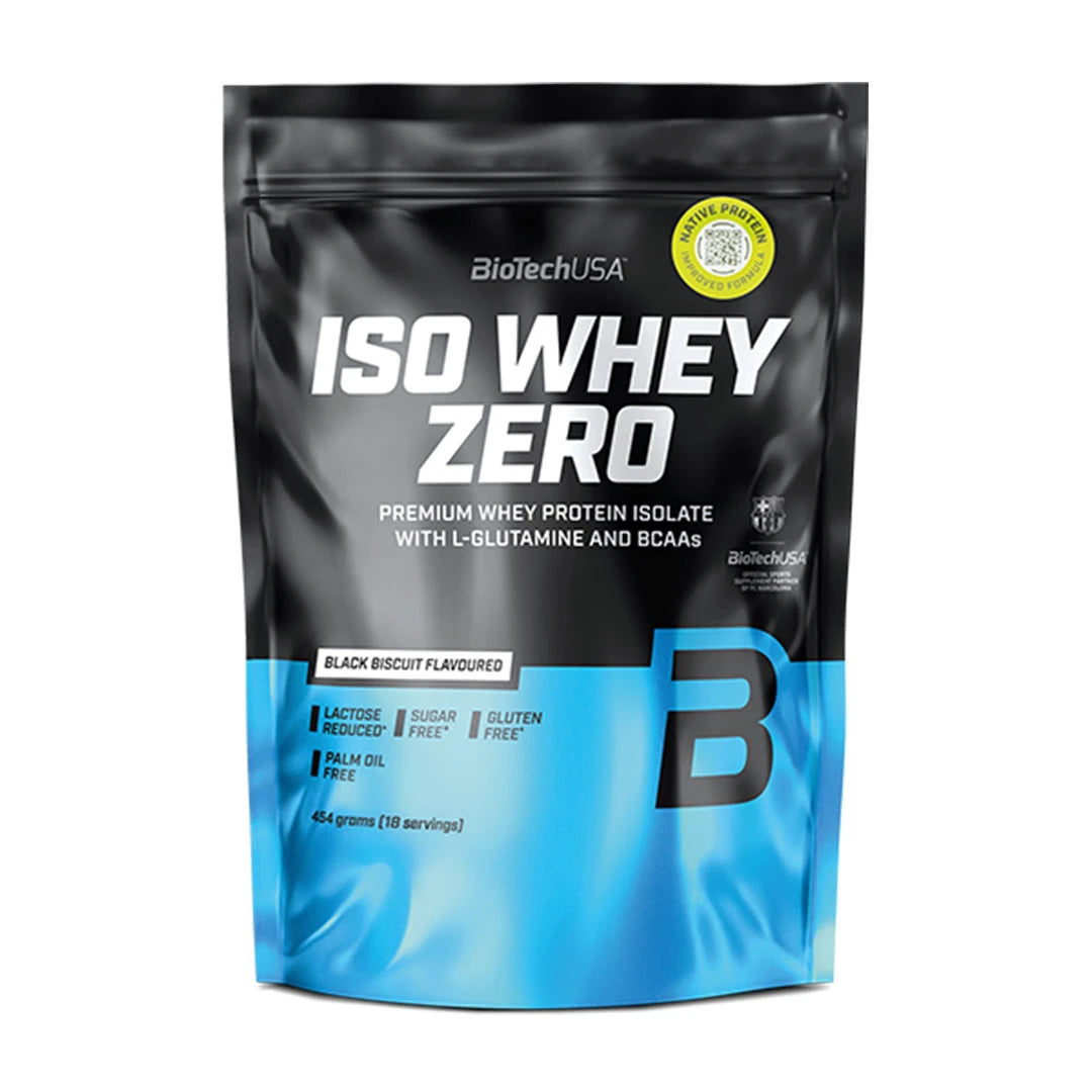 BioTechUSA Iso Whey Zero 454 g -proteiinijauhe mustansinisessä pussissa, makuna Black Biscuit.