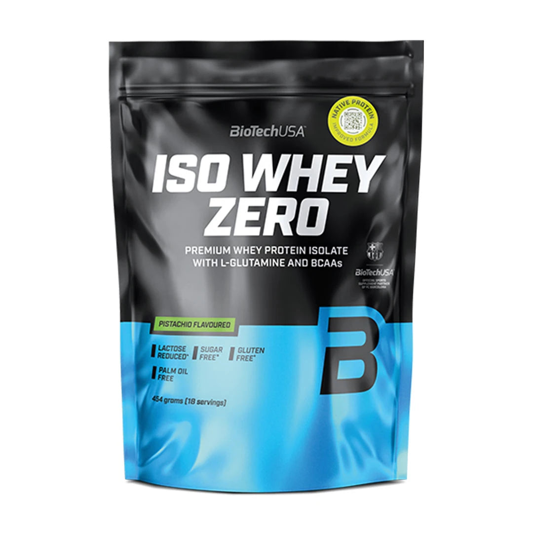 Musta ja vaaleansininen pussi BioTechUSA Iso Whey Zero 454 g -proteiinijauhetta, makuna Pistachio.