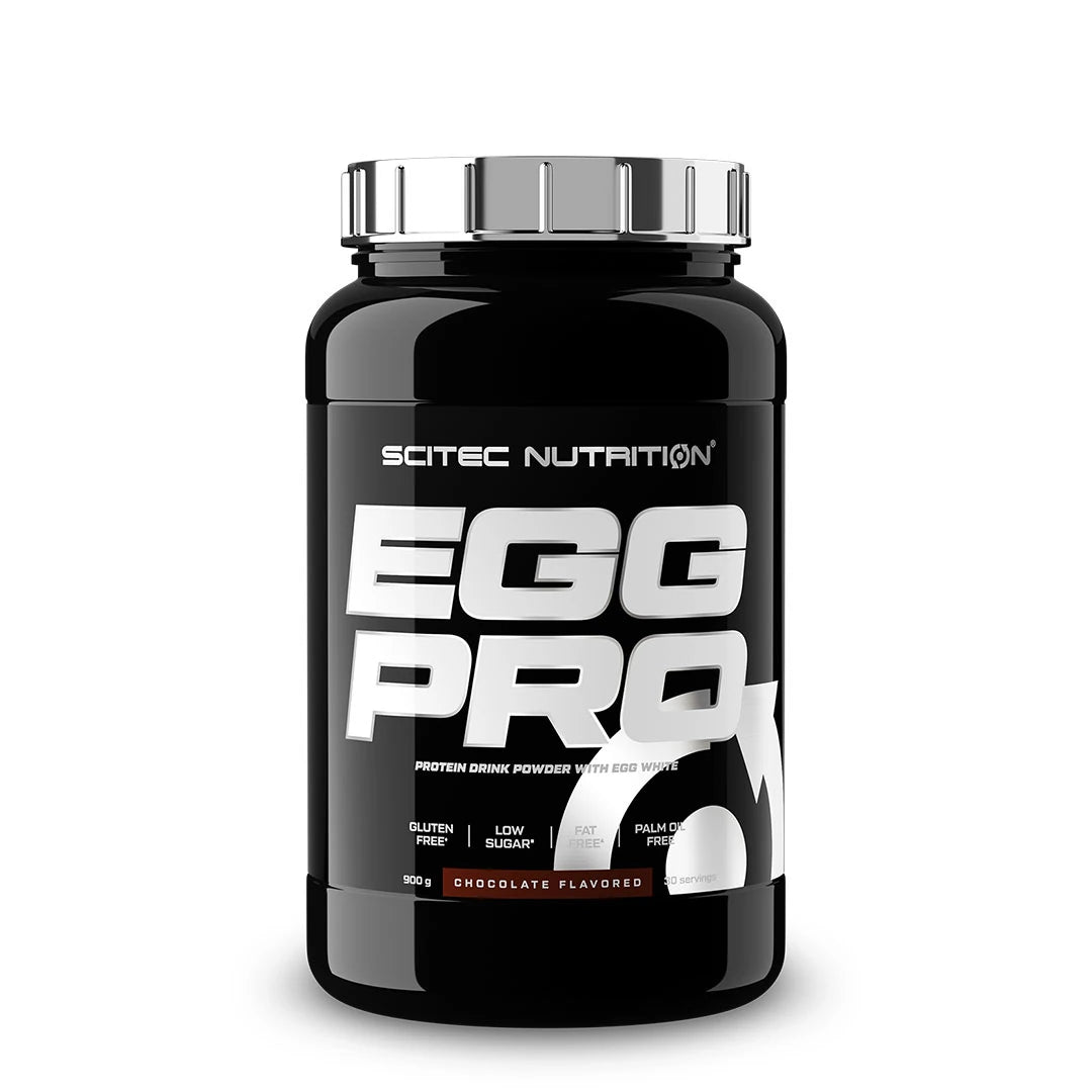 Scitec Nutrition Egg Pro 900 g -munaproteiini suklaan makuisena, mustassa purkissa hopeisella kannella.