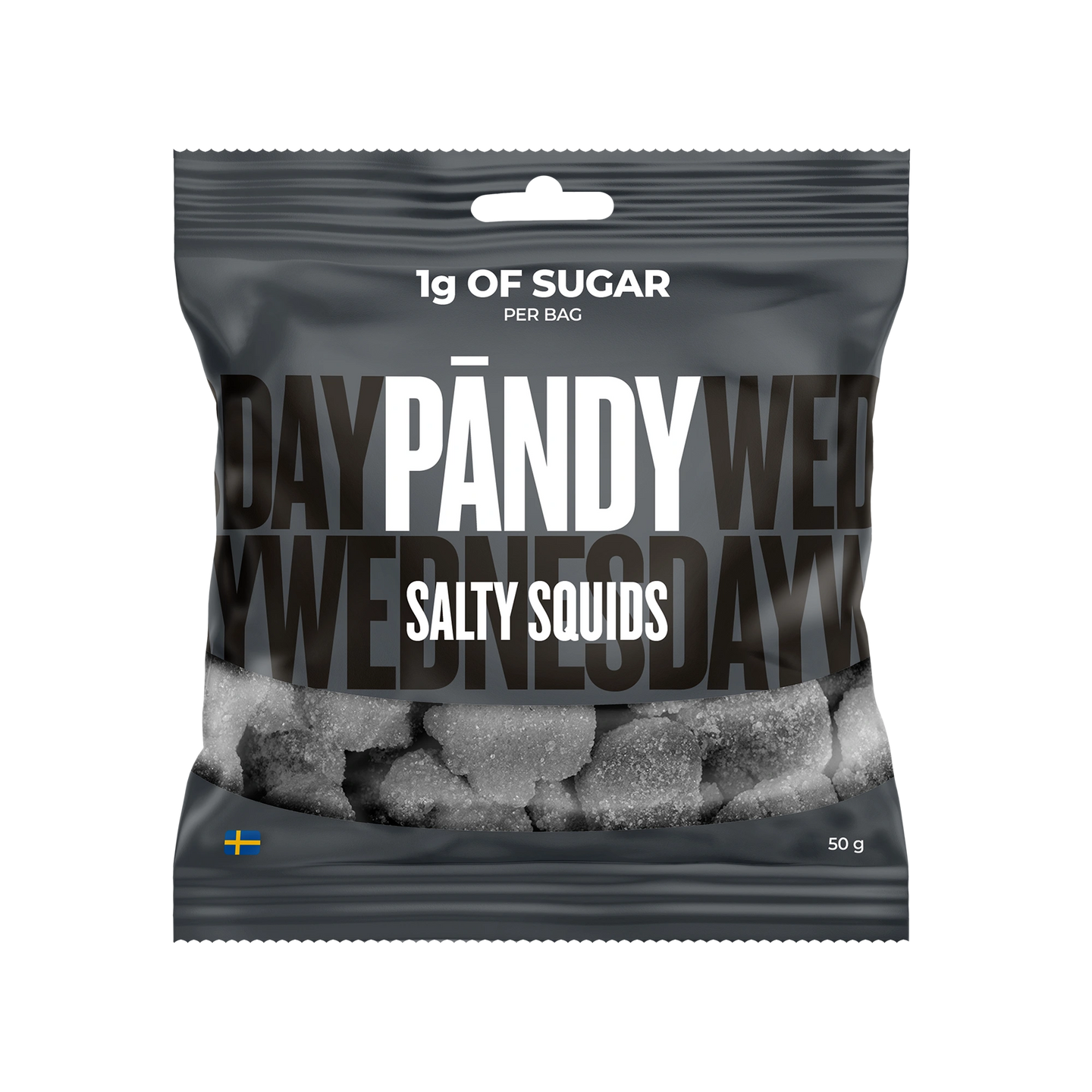 Pändy Candy 50 g Salty Squids tummanharmaassa karkkipussissa, josta näkyy sokeroidut suolalakritsipalat., kuva 1/1