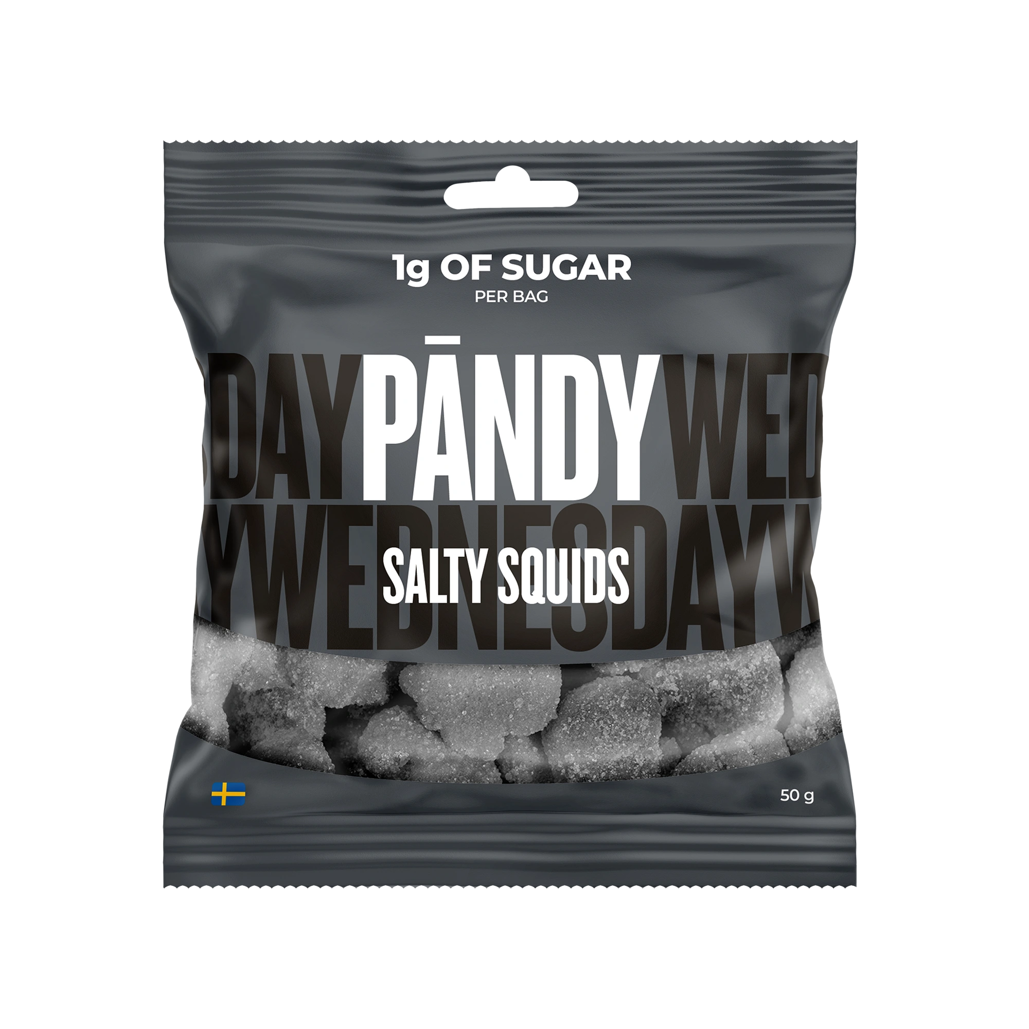 Pändy Candy 50 g Salty Squids tummanharmaassa karkkipussissa, josta näkyy sokeroidut suolalakritsipalat., kuva 1/1