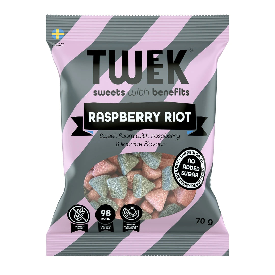 Tweek Sweets 70 g -vaahtokarkkeja vaaleanpuna-harmaaraidallisessa pussissa, makuna Raspberry Riot.