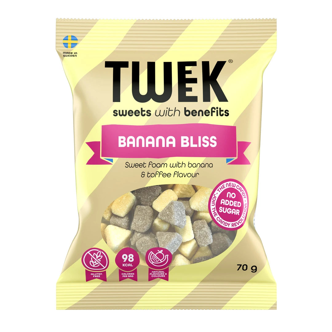 Tweek Sweets 70 g -vaahtomakeisia vaaleankeltaisessa ja beigessä raidallisessa pussissa, makuna Banana Bliss., kuva 4/5