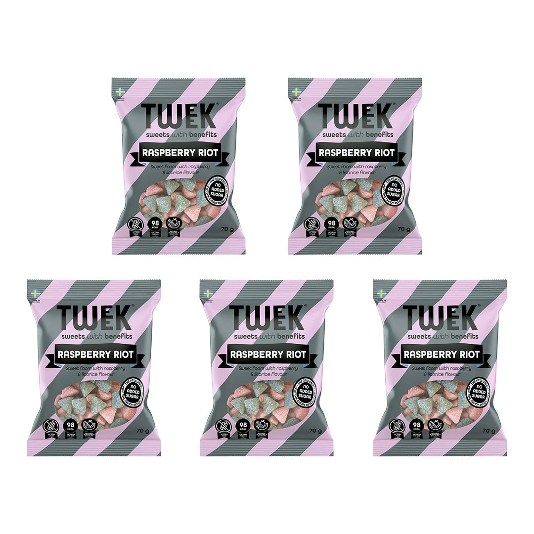 5 x Tweek Sweets 70 g Raspberry Riot vaaleanpunaisissa ja harmaissa karkkipusseissa mustilla yksityiskohdilla.