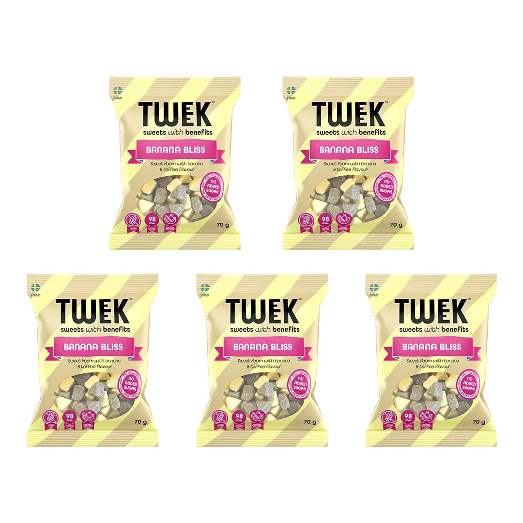 5 x Tweek Sweets 70 g Banana Bliss kelta-raidallisissa karkkipusseissa, joissa on vaaleanpunaisia yksityiskohtia.