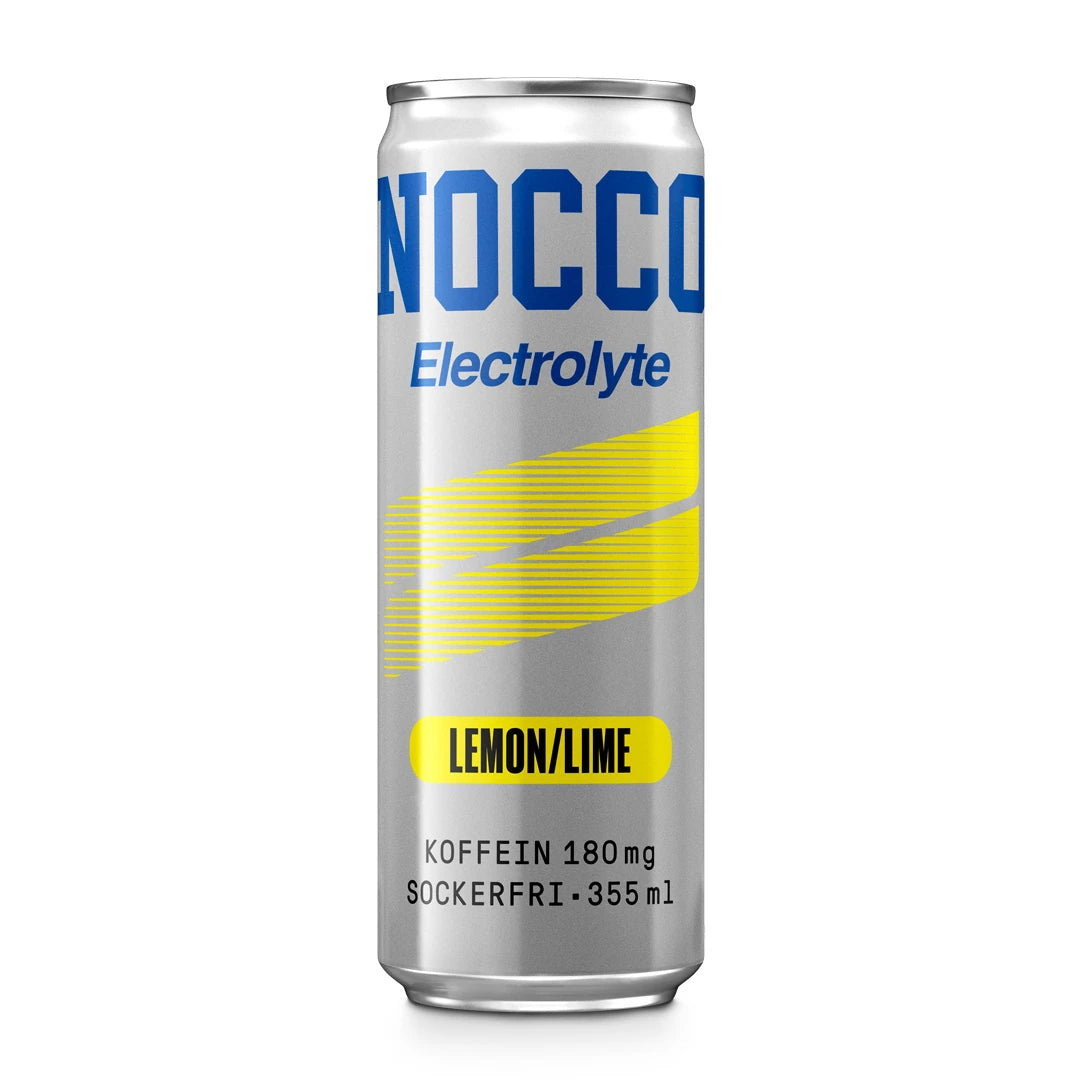 Hopeanvärinen NOCCO Electrolyte 355 ml -tölkki keltaisilla yksityiskohdilla, makuna Lemon/Lime.