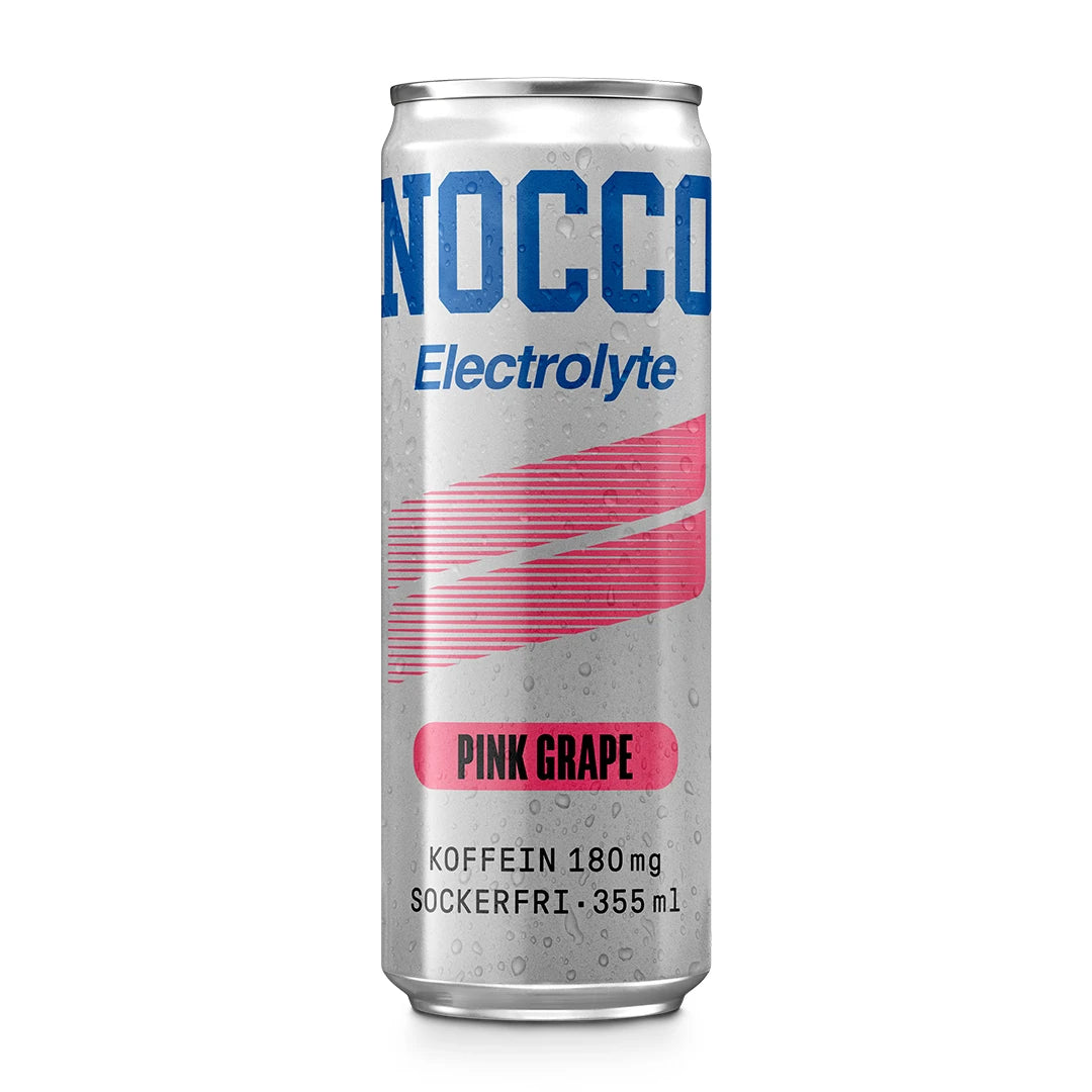 Hopeanvärinen NOCCO Electrolyte 355 ml -tölkki vaaleanpunaisilla yksityiskohdilla, makuna Pink Grape.