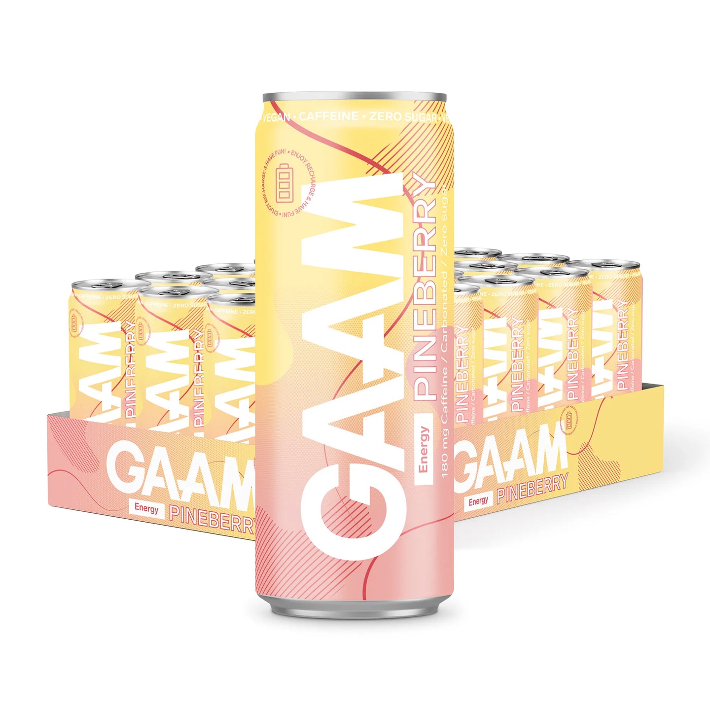 24 x GAAM Energy 330 ml Pineberry -energiajuomat kelta-vaaleanpunaisessa lavassa, yksi tölkki etualalla.