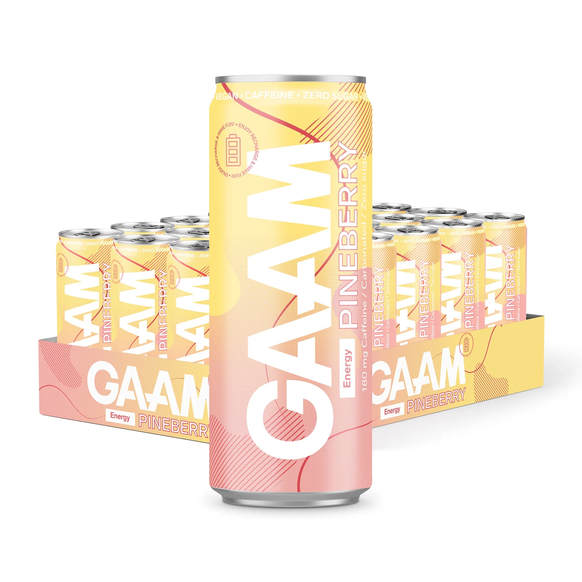24 x GAAM Energy 330 ml Pineberry -energiajuomat kelta-vaaleanpunaisessa lavassa, yksi tölkki etualalla.