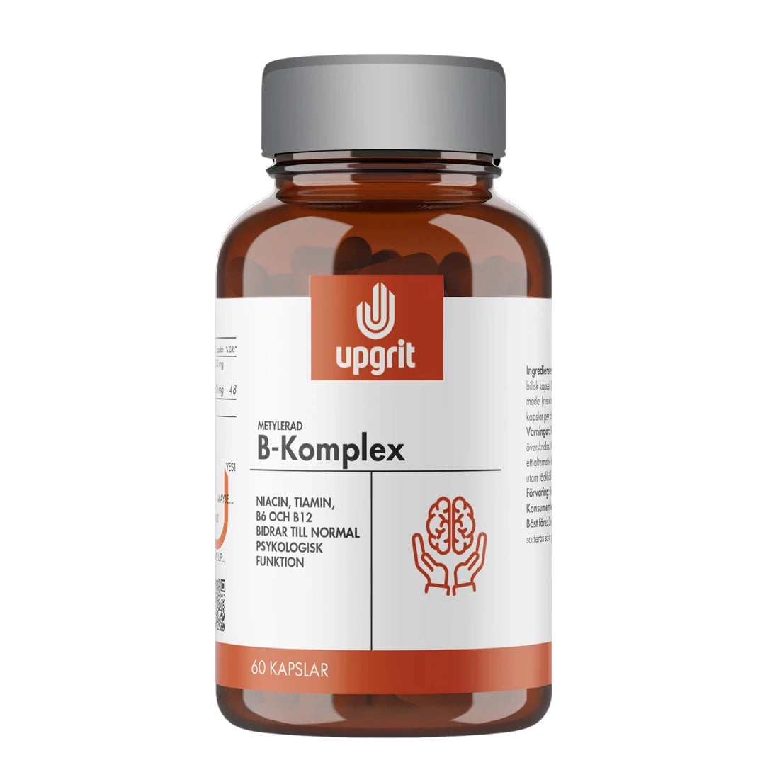 Upgrit Metylerad B-Komplex 60 caps ruskeassa lasipurkissa, jossa on hopeinen kansi ja punavalkoinen etiketti.