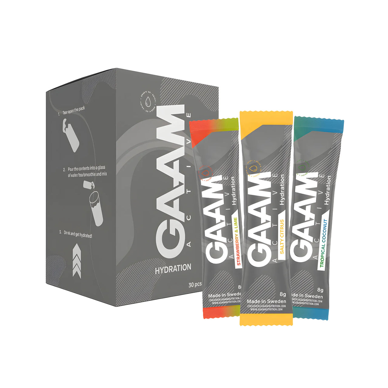 30 x GAAM Active Hydration 8 g Elektrolyter Mixlåda harmaassa laatikossa ja kolme eriväristä annospussia.
