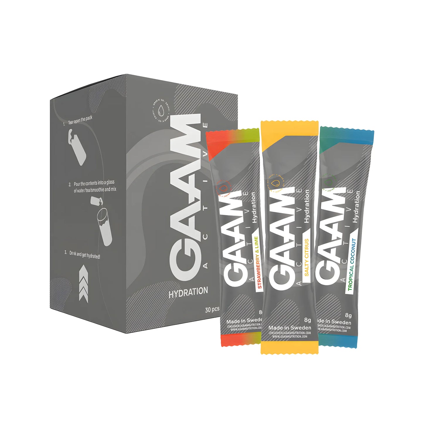 30 x GAAM Active Hydration 8 g Elektrolyter Mixlåda harmaassa laatikossa ja kolme eriväristä annospussia., kuva 1/1