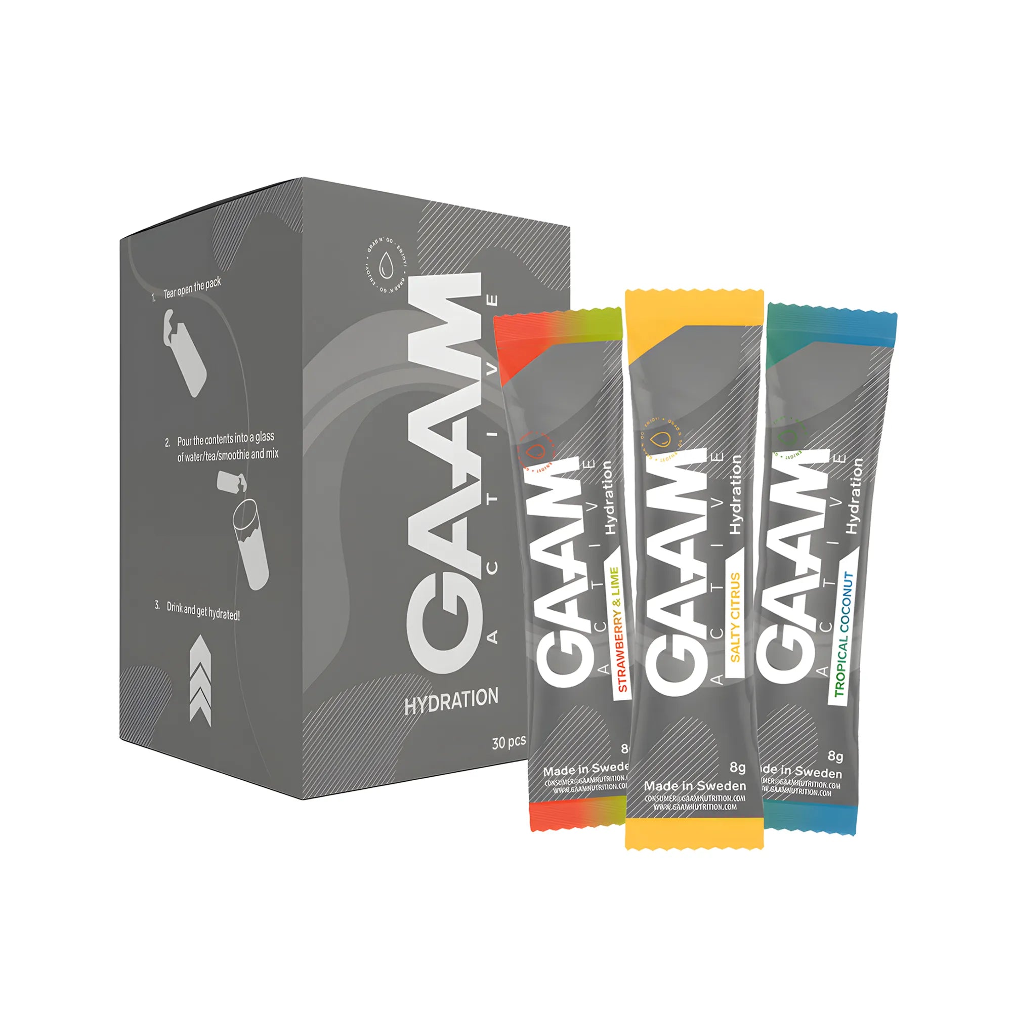 30 x GAAM Active Hydration 8 g Elektrolyter Mixlåda harmaassa laatikossa ja kolme eriväristä annospussia., kuva 1/1