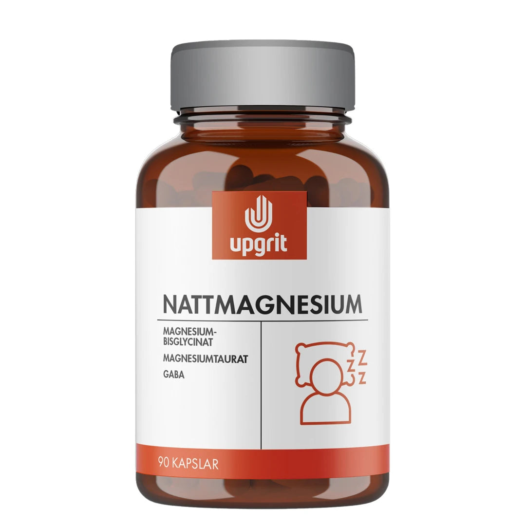 Upgrit Nattmagnesium 90 caps ruskeassa lasipurkissa, jossa on harmaa kansi ja punavalkoinen etiketti.