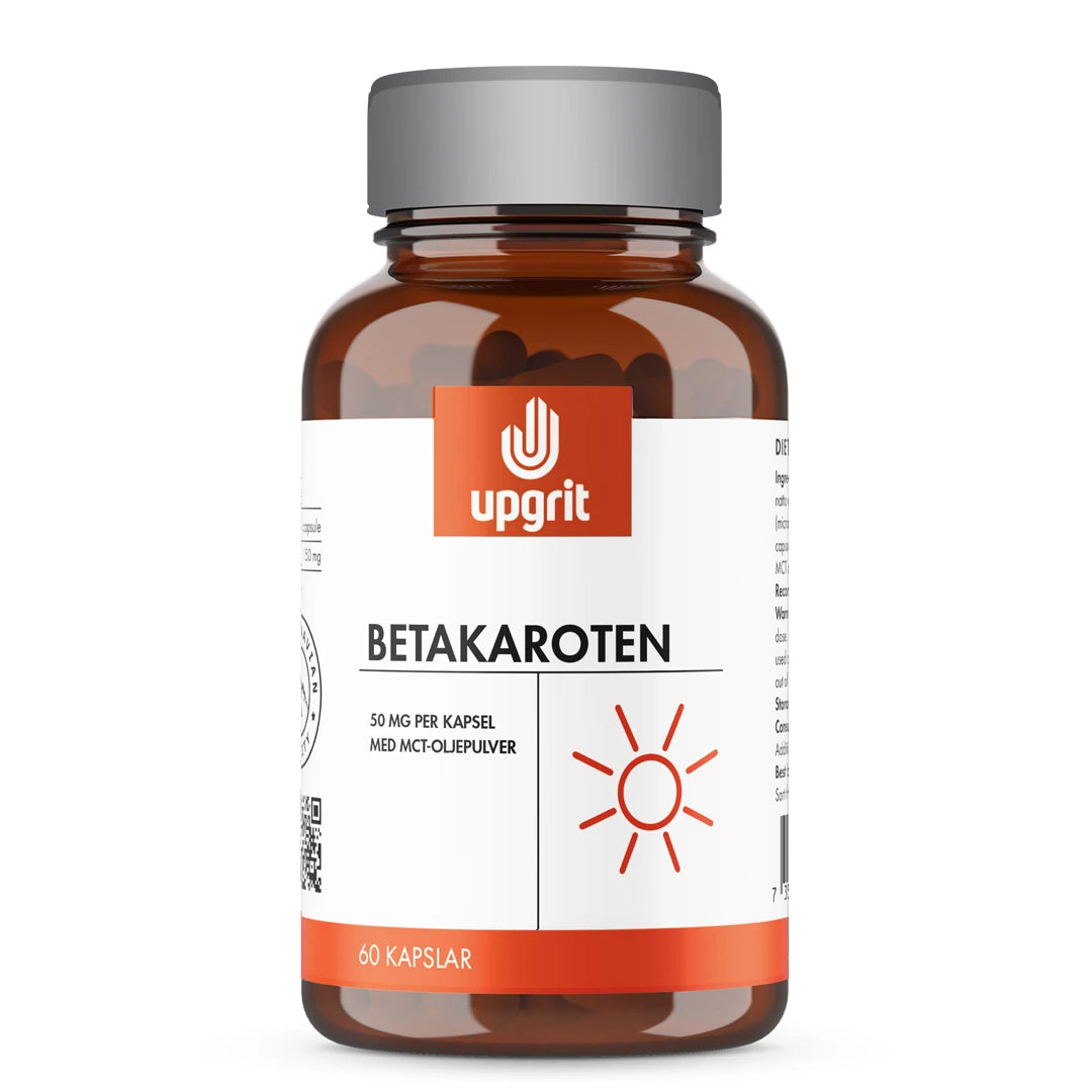 Upgrit Betakaroten 50 mg 60 caps ruskeassa purkissa, jossa on harmaa kansi ja valko-oranssi etiketti.